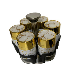 Especieros giratorio 6 piezas Marmol blanco con dorado.