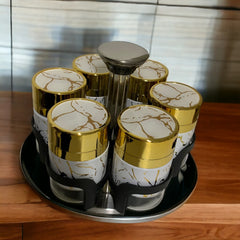 Especieros giratorio 6 piezas Marmol blanco con dorado.