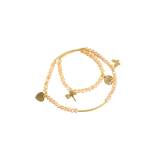 Pulsera Mujer Doble Dorada Con Dijes Libelula Mayoreo Acero