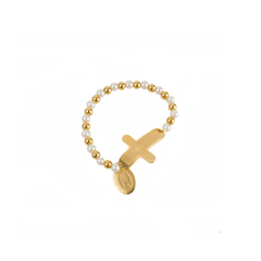Pulsera Mujer Con Perlas Y Dije Virgen Cruz Grande Acero