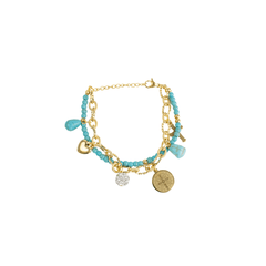 Pulsera Mujer Doble Con San Benito Y Dijes Dorado Acero