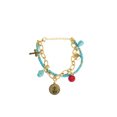 Pulsera Doble Mujer San Benito Y Dijes Azul Mayoreo Acero