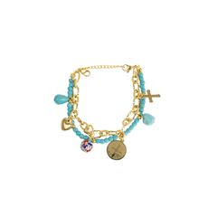Pulsera Mujer Doble Con San Benito Dijes Dorado Cruz Acero