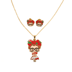 Juego De Aretes Y Collar Frida Kahlo Lentes Mayoreo Acero