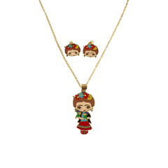 Juego De Aretes Y Collar Frida Kahlo Flores Mayoreo Acero