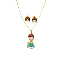 Juego De Aretes Y Collar Frida Kahlo Vestido Mayoreo Acero