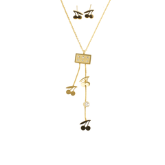 Juego De Aretes Y Collar Cerezas Dorado Mayoreo Acero