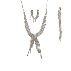 Juego De Aretes Y Collar Plateado Piedras Mayoreo Acero