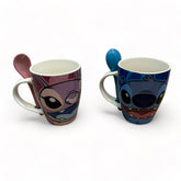 Juego 2 tazas de porcelana Stitch y Angela con Cuchara de 310ml
