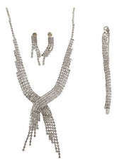 Juego De Aretes Y Collar Plateado Piedras Mayoreo Acero
