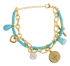 Pulsera Mujer Doble Con San Benito Y Dijes Dorado Acero