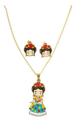 Juego De Aretes Y Collar Frida Kahlo Vestido Mayoreo Acero