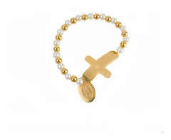Pulsera Mujer Con Perlas Y Dije Virgen Cruz Grande Acero