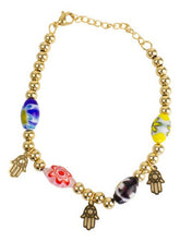 Pulsera Con Cuentas Dorada Y Manos Hamsa Hindu Mayoreo Acero