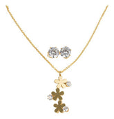 Juego De Aretes Y Collar Flores Piedras Dorado Mayoreo Acero