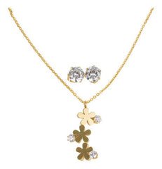 Juego De Aretes Y Collar Flores Piedras Dorado Mayoreo Acero