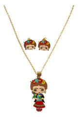 Juego De Aretes Y Collar Frida Kahlo Flores Mayoreo Acero