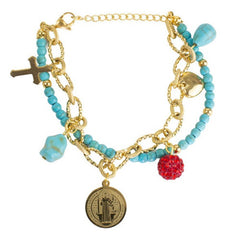 Pulsera Doble Mujer San Benito Y Dijes Azul Mayoreo Acero