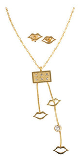 Juego De Aretes Y Collar Besos Dorado Mayoreo Acero