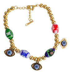 Pulsera Mujer Dorada Con Ojos Y Dijes Mayoreo Acero