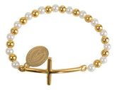 Pulsera Mujer De Perlas Con Cruz Y Virgen Mayoreo Acero
