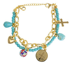 Pulsera Mujer Doble Con San Benito Dijes Dorado Cruz Acero