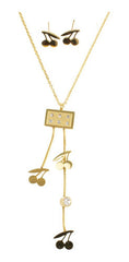 Juego De Aretes Y Collar Cerezas Dorado Mayoreo Acero
