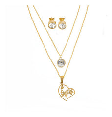 Juego De Aretes Doble Y Collar Corazon Dorado Mayoreo Acero
