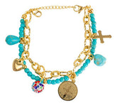 Pulsera Mujer Doble De San Benito Y Dijes Azul Mayoreo Acero