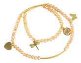 Pulsera Mujer Doble Dorada Con Dijes Libelula Mayoreo Acero