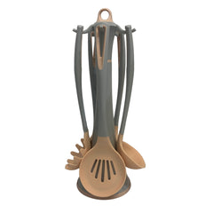 Juego De Utensilios Con Base Giratoria Gris Con Rosa 6piezas