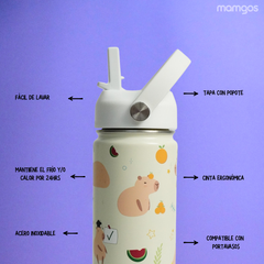 Termo con popote Mamgos Capibara Acero inoxidable 530 ml