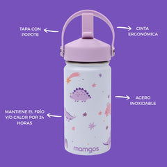 Termo con popote Dinosaurio niña Acero inoxidable 325 ml