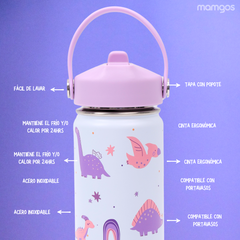 Termo con popote Dinosaurio niña Acero Inoxidable 530 ml