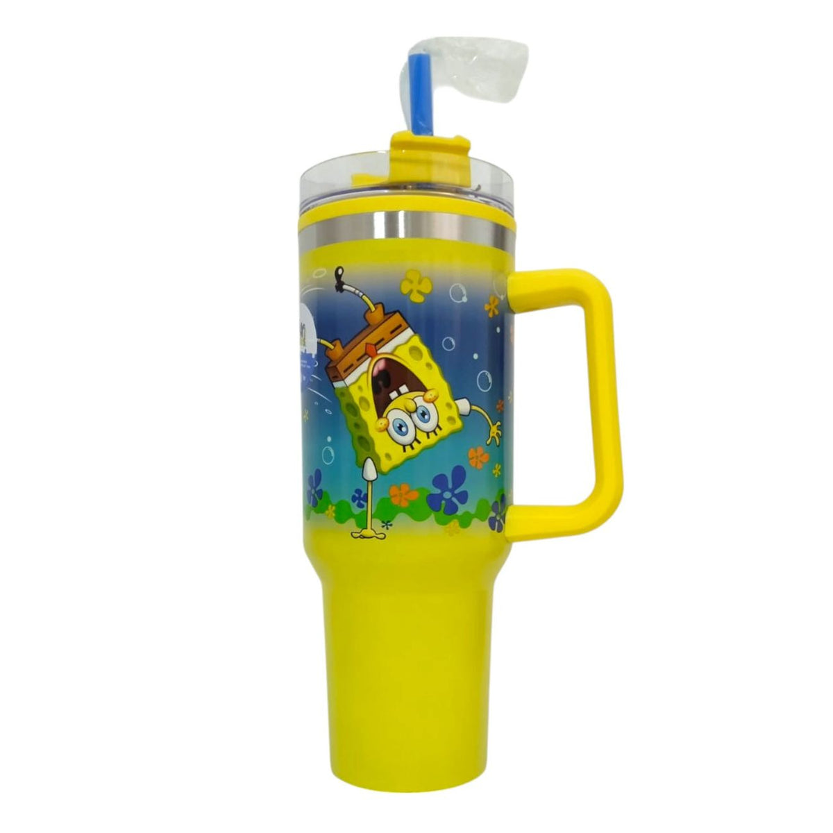 Termo con popote Bob Esponja amarillo Acero inoxidable 1.2 L