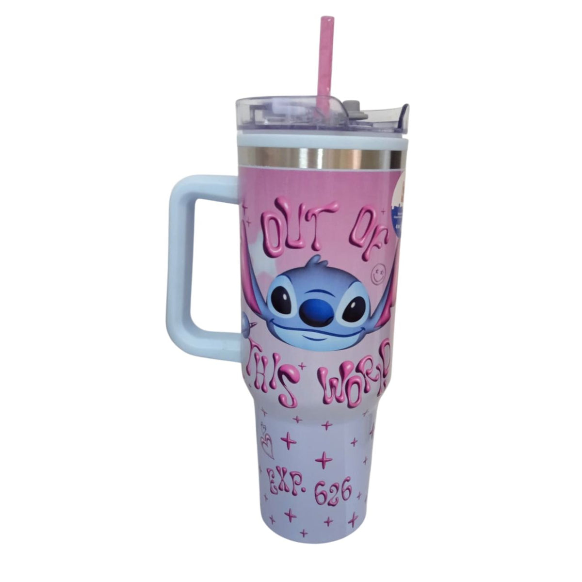 Termo con popote Stitch Acero Inoxidable rosa y azul 1.2 L