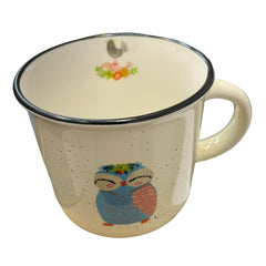 taza de ceramca buho azul con rosa  de porcelana 350 ml