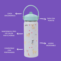 Termo con popote Mamgos Perritos Acero inoxidable 530 ml