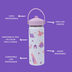 Termo con popote Dinosaurio niña Acero Inoxidable 530 ml