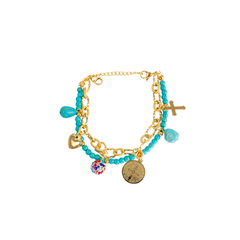 Pulsera Mujer Doble De San Benito Y Dijes Azul Mayoreo Acero