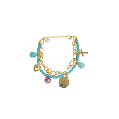 Pulsera Mujer Doble Con San Benito Dijes Dorado Cruz  Acero