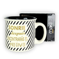 Taza De Porcelana Color Blanco, Negro Y Dorado Lineas