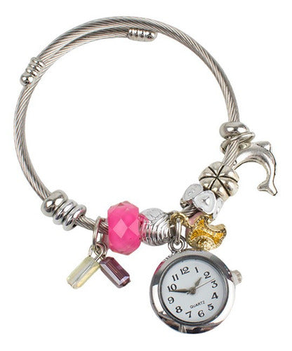 Pulsera Mujer Dijes Con Varios Detalles Rosa Mayoreo Acero