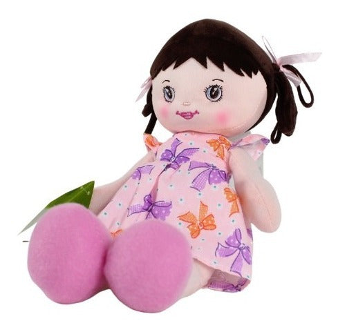 Peluche Muñeca Vestido Rosa Con Moños Morados 30cm