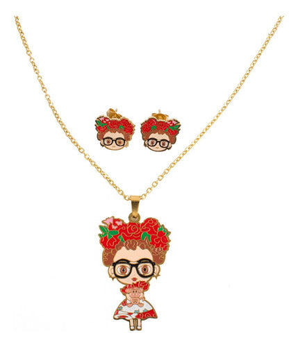 Juego De Aretes Y Collar Frida Kahlo Lentes Mayoreo Acero