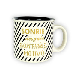 Taza De Porcelana Color Blanco, Negro Y Dorado Lineas