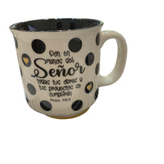 Taza con Frase de Dios de Porcelana Color Blanco, Negro y Amarillo de 400ml