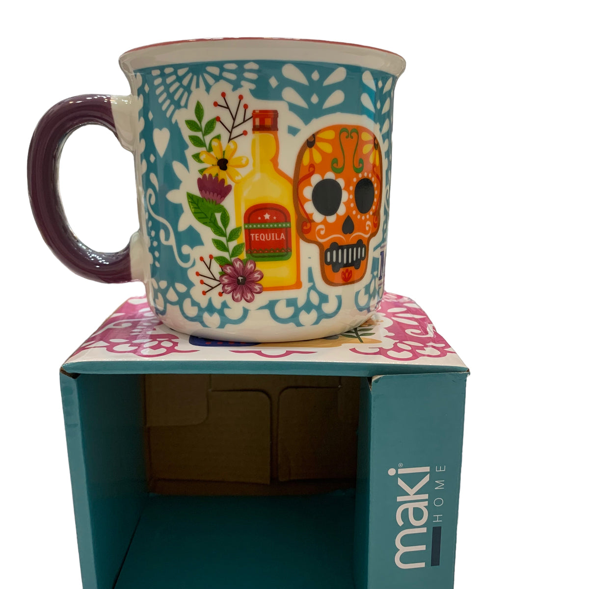 Taza de Calaca y Hojas de Papel Picado de Porcelana de Colore Azul de 400ml