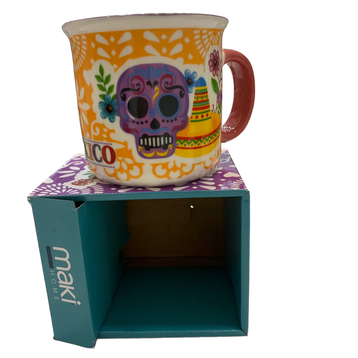 Taza de Calaca y Hojas de Papel Picado de Porcelana de Colore Amarillo de 400ml