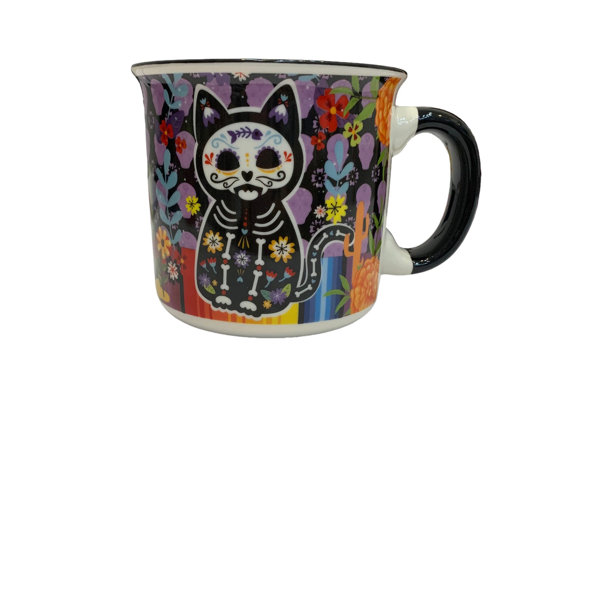 Taza de Gato Calaca y Hojas de Papel Picado de Porcelana de Color Negro de 400ml